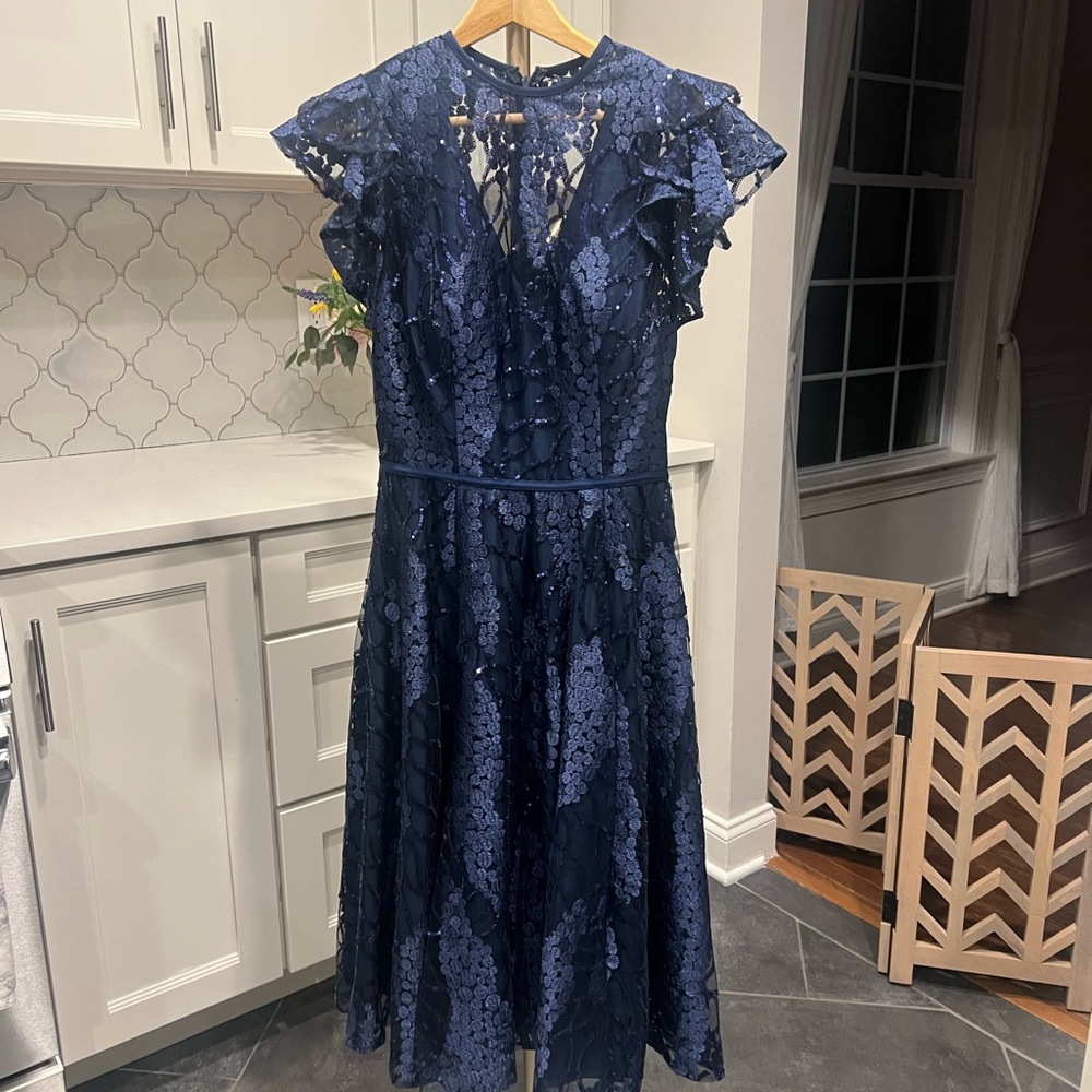 Mac Duggal Blue A-Line Flutter Sleeve Midi Dress